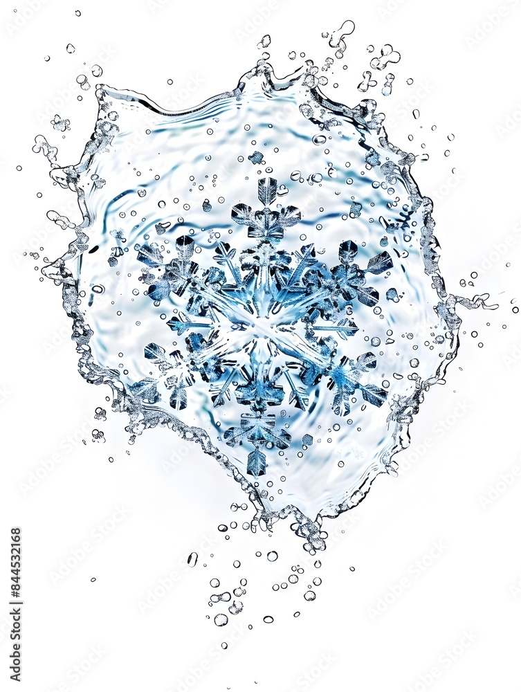 Intricate Snowflake Formed by Dynamic Water Splash on White Background Intricate Snowflake Formed by Dynamic Water Splash on White Background