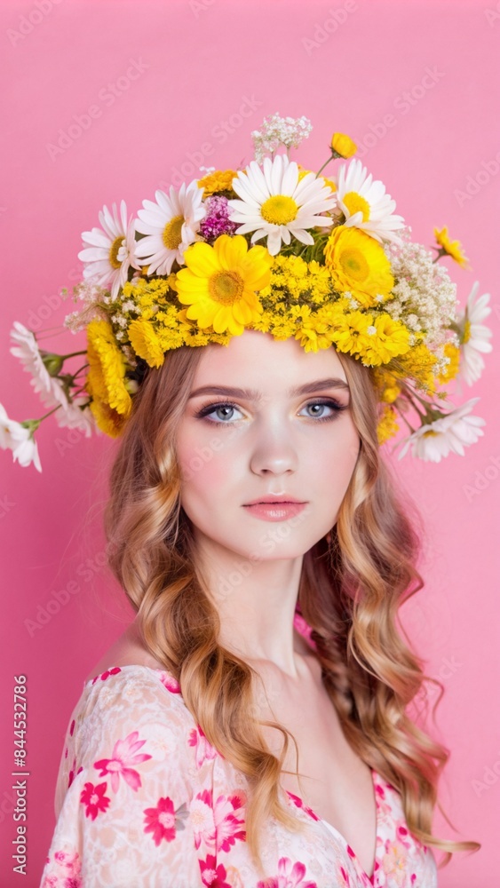 a young woman with wavy hair adorned with a flower a young woman with wavy hair adorned with a flower