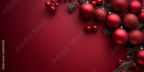 A close-up of shiny red Christmas ornaments on a red background. The image highlights the festive spirit and elegance of holiday decorations, perfect for seasonal themes. photo