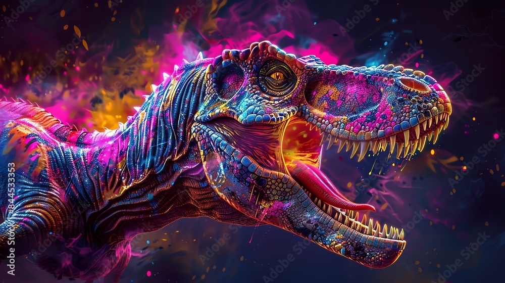 Colorful TRex head roaring, vibrant neon splashes, dark background, front view, dynamic and bold, digital painting