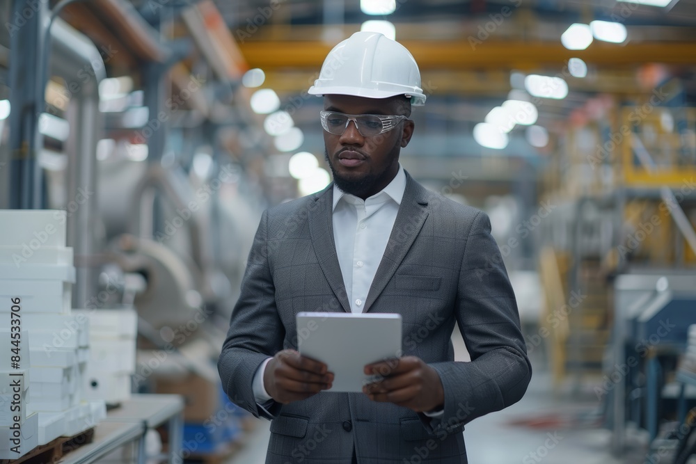 Industrial plant engineer in a suit and helmet working digitally Industrial plant engineer in a suit and helmet working digitally
