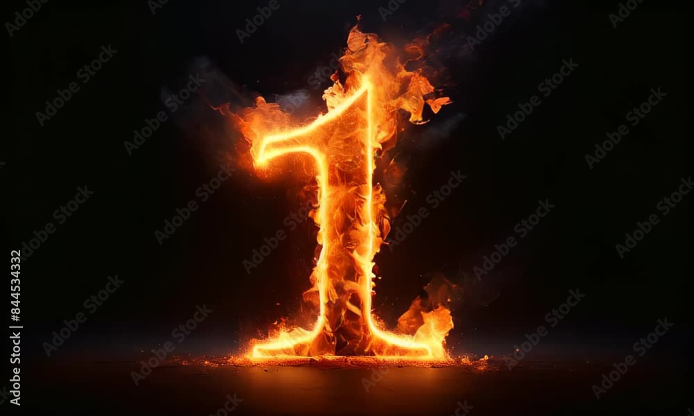 number 1 in bright, glowing flames, with a mix of orange and yellow hues. The fire creates a dramatic and intense visual effect against a pitch-black background, emphasizing the heat and light