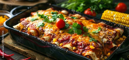 The hearty and colorful delights of Mexican food with an authentic photo of a traditional enchilada dish, packed with flavorful meat, fresh vegetables, corn, beans, and smothered in tomato sauce photo