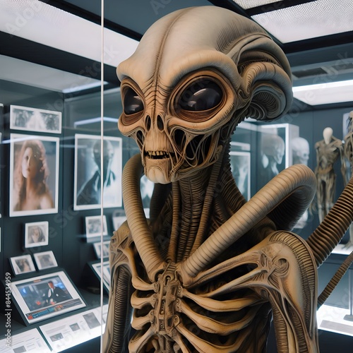 3d render of an Alian skeleton bones, in a museum, study room photo