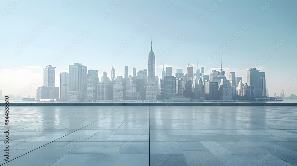 Fototapeta premium White background with large square empty floor in front of the city skyline of newyork during daytime, clear sky, blue and grey tones, city center architecture.