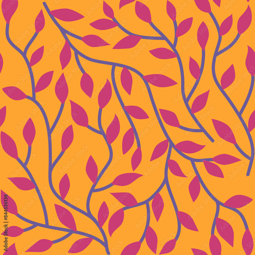 Contrast wavy branches seamless pattern. Purple curly stems and pink leaves on orange background. Flat botanical allover illustration 