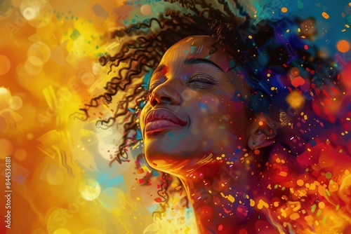 Joyful woman with eyes closed enjoying vibrant colors and light effects, representing happiness and freedom.