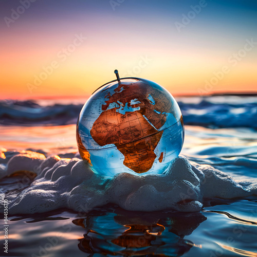 A glass ball on calm water at sunset, reflecting warm colors for a serene scene. photo