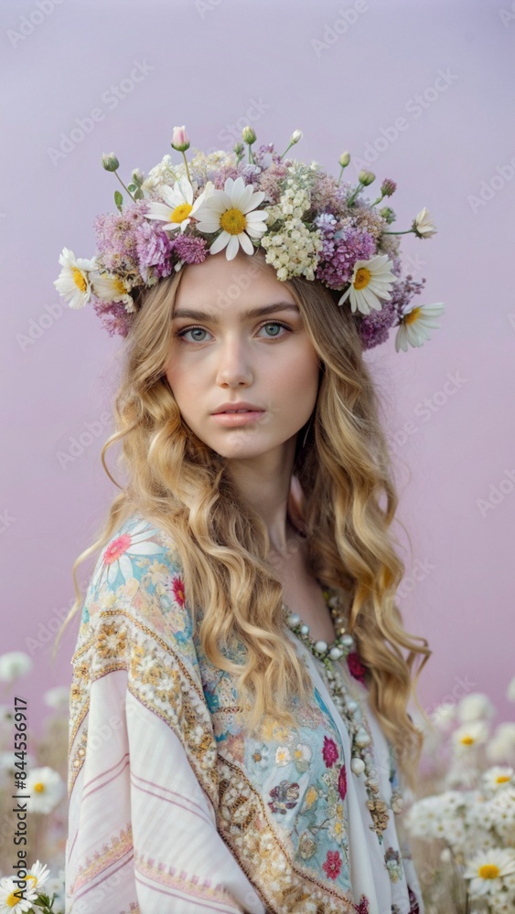 a young woman with wavy hair adorned with a flower a young woman with wavy hair adorned with a flower