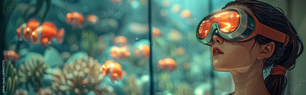 Panoramic header with vibrant coral reef in virtual reality with a woman wearing a vr headset; colorful fish and marine life. Explore a tranquil underwater world filled with wonder and awe Panoramic header with vibrant coral reef in virtual reality with a woman wearing a vr headset; colorful fish and marine life. Explore a tranquil underwater world filled with wonder and awe