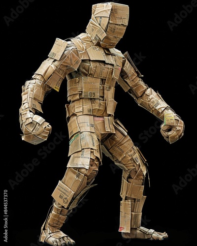 3D videogame animation upper body portrait of a creature made entirely of cardboard boxes, in a wrestling fight position, squared in its shape, only made of cardboard boxes boxes, bubble wrap and photo