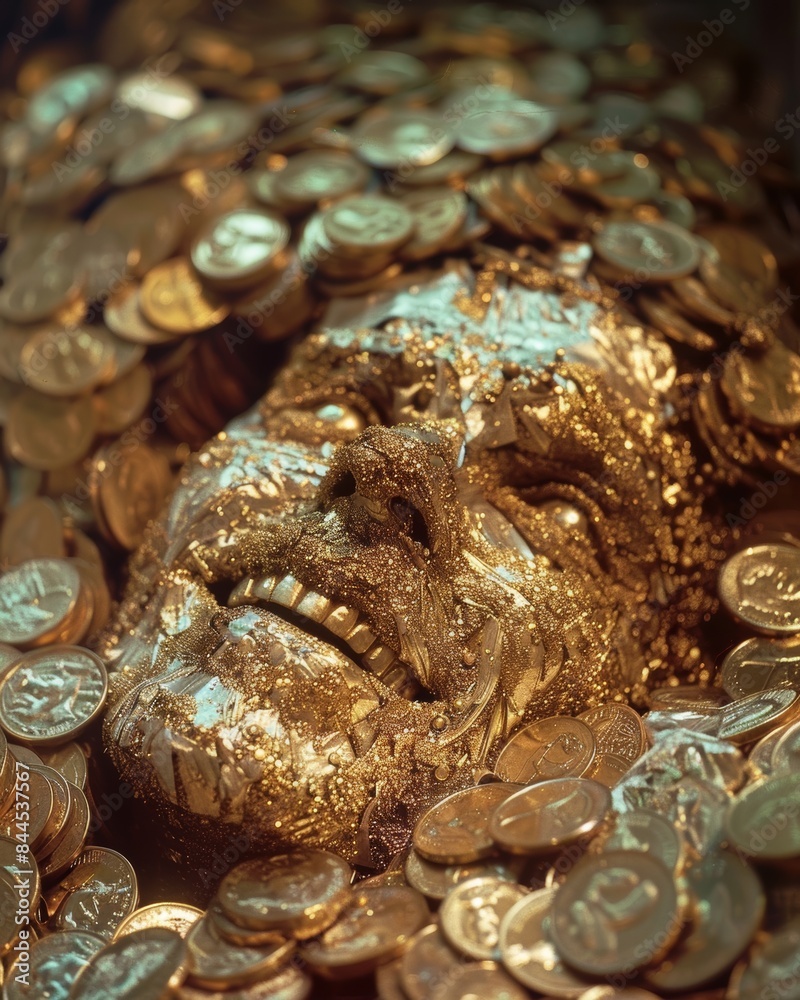 a gold smiling face with gold coins, in a vault, 1991 cinematic photograph a gold smiling face with gold coins, in a vault, 1991 cinematic photograph