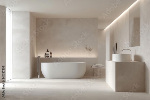 A minimalist bathroom with clean lines neutral tones and only essential toiletries neatly arranged emphasizing a streamlined aesthetic