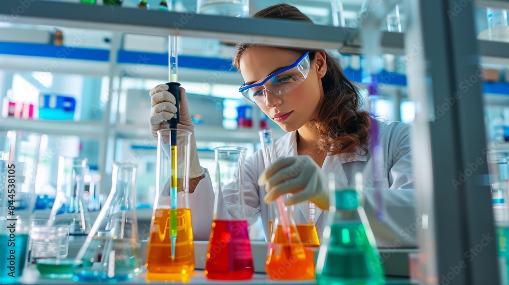A woman in a bright lab conducts experiments with bubbling colorful liquids, showcasing her scientific prowess. A woman in a bright lab conducts experiments with bubbling colorful liquids, showcasing her scientific prowess.