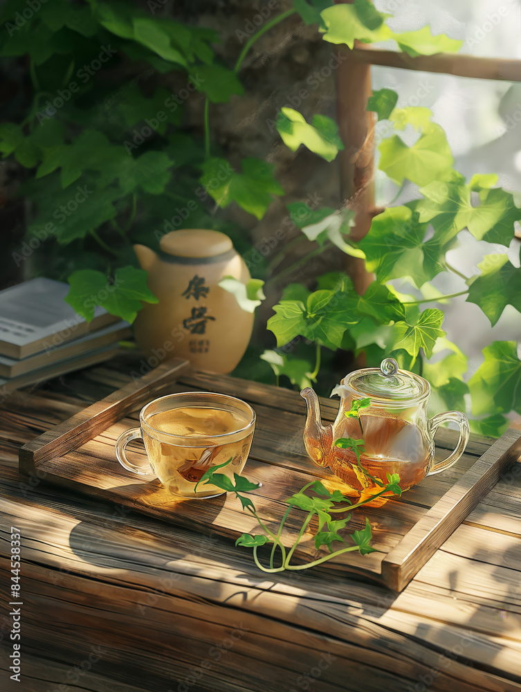 Fototapeta premium Cinematic Showcase of Honey-Infused Green Tea with Fresh Tea Leaves and Honey