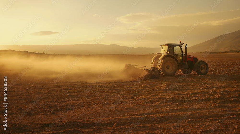 Tractor Plowing a Field at Sundown with Dust Haze in the Air