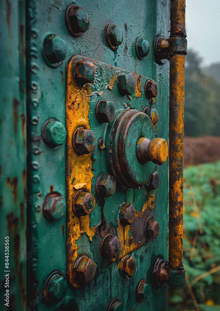 Close-Up of Metal Component on Modern Green Tractor in Agricultural Field Close-Up of Metal Component on Modern Green Tractor in Agricultural Field