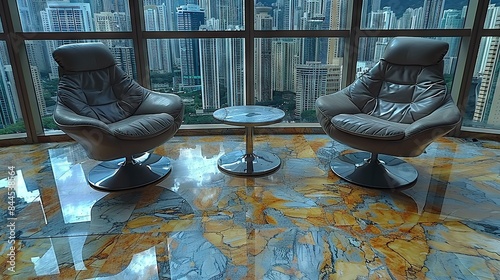  Two chairs sit before a cityscape view through a window in a room