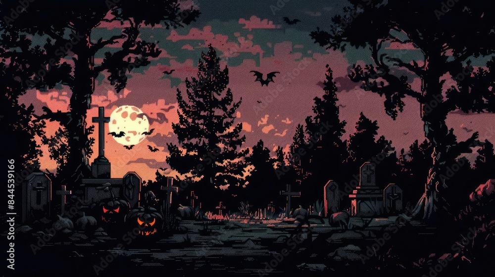 Spooky graveyard scene with moonlit sky, bats flying, jack-o'-lantern, and tombstones. Perfect for Halloween-themed projects. Spooky graveyard scene with moonlit sky, bats flying, jack-o'-lantern, and tombstones. Perfect for Halloween-themed projects.