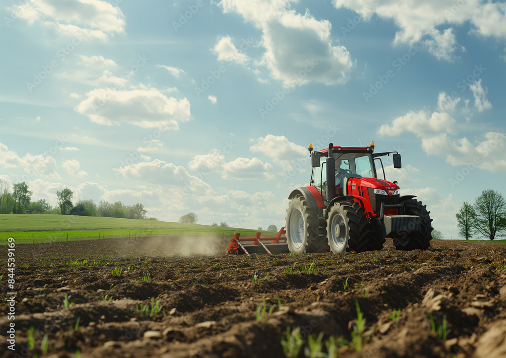 Tractor Plowing a Field on a Bright Sunny Spring Day with Clouds Tractor Plowing a Field on a Bright Sunny Spring Day with Clouds