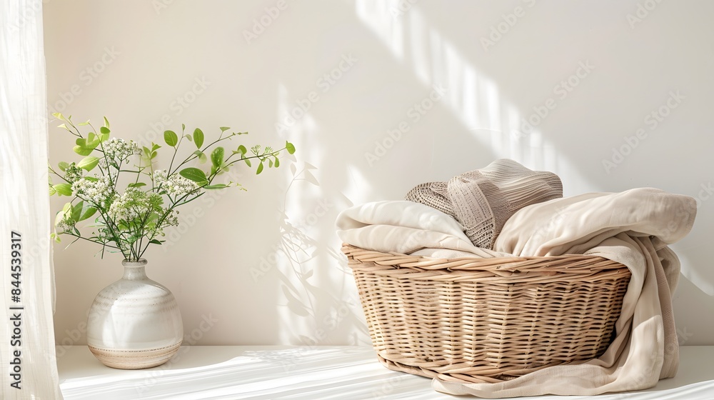 An empty light-colored wall background and a wicker laundry basket with neatly folded fabrics inside. The fabrics include soft pastel tones of beige or brown cotton material. An empty light-colored wall background and a wicker laundry basket with neatly folded fabrics inside. The fabrics include soft pastel tones of beige or brown cotton material.