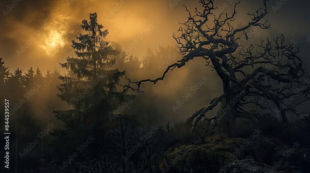 Eerie foggy forest scene at sunset with dark, twisted trees and a mysterious, haunting atmosphere. Eerie foggy forest scene at sunset with dark, twisted trees and a mysterious, haunting atmosphere.