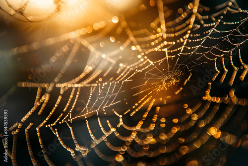 A close-up photo of a dew-covered spider web in the early morning light, showing intricate patterns and reflections