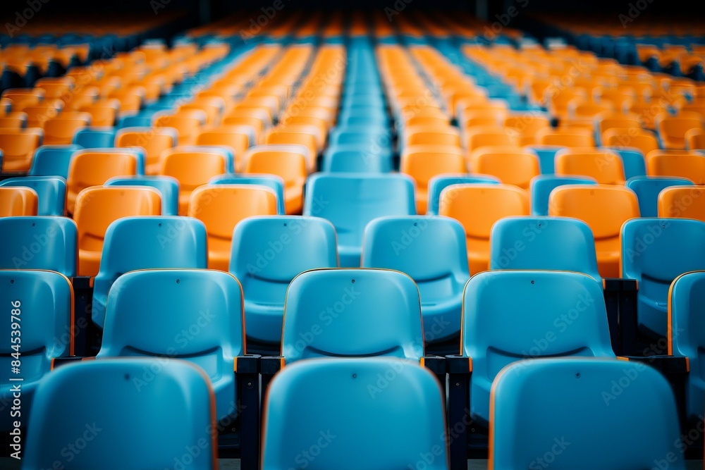 Fototapeta premium Blue and orange stadium seats arranged in rows, depicting an empty sports venue