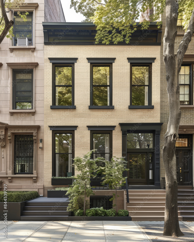 Naklejka premium Stylish modern house facade with natural elements and elegant design. Architectural home composition.