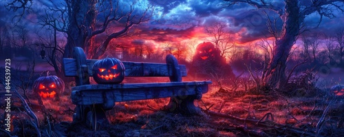 Spooky Halloween night with glowing jack-o'-lanterns on a bench in a hauntingly eerie forest under a fiery red and blue sky. photo