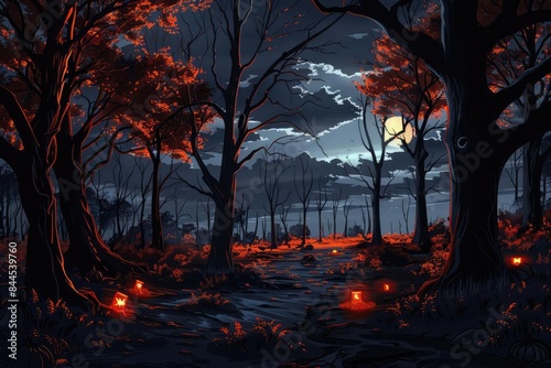 Eerie forest at night with glowing red lanterns, full moon sky, and silhouetted trees casting shadows on the ground.