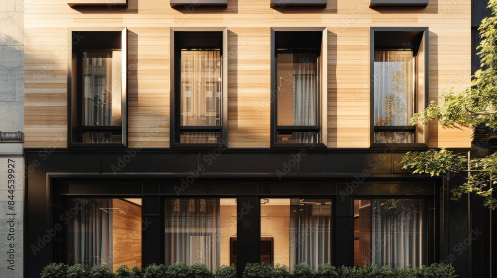Fototapeta premium Stylish modern house facade with natural elements and elegant design. Architectural home composition.