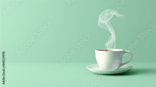 Steaming White Cup and Saucer on Green Background photo