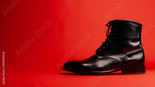 Black Leather Boot on Red Background