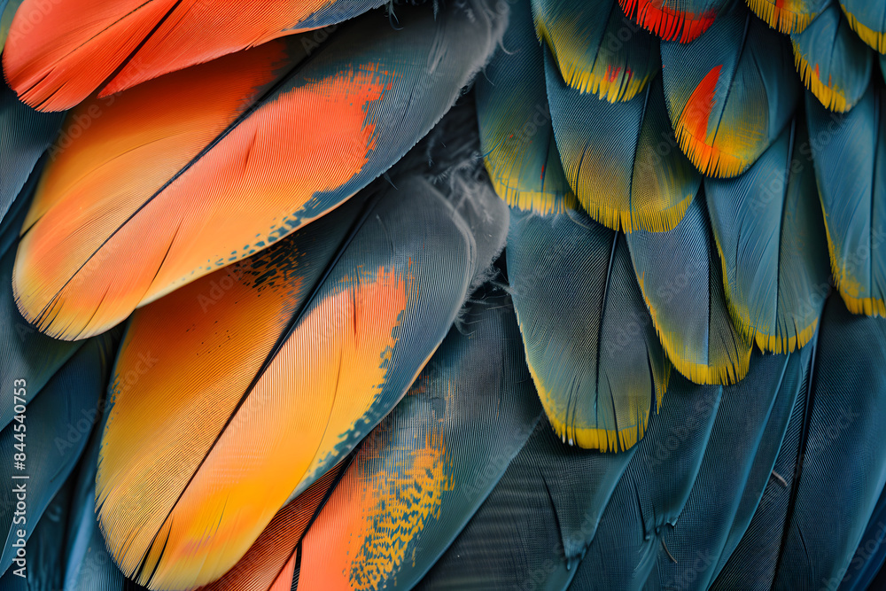 Fototapeta premium A detailed photo of a bird's feathers, showing the intricate patterns and vibrant colors in close detail