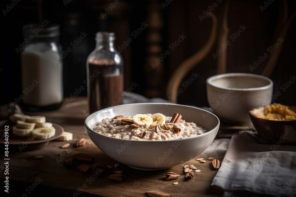 Warm Bowl of Oatmeal with Bananas and Nuts Warm Bowl of Oatmeal with Bananas and Nuts