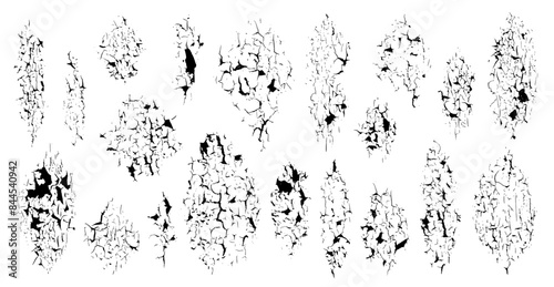 Grunge crack overlays. Dry surface textures vector set. Rough grungy collection. Highly detailed grunge. Crack old paint, dry soil texture.