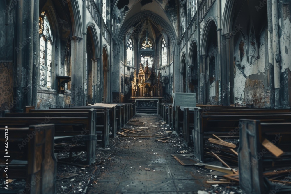 The church is in ruins, with broken pews and a destroyed altar The church is in ruins, with broken pews and a destroyed altar