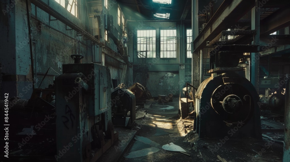 A dark, abandoned industrial building with a large, rusty machine in the center A dark, abandoned industrial building with a large, rusty machine in the center