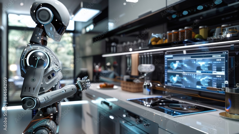 Fototapeta premium Automated Efficiency: Futuristic Smart Kitchen with Robotic Assistant and Touch-Screen Interfaces in Digital Rendering