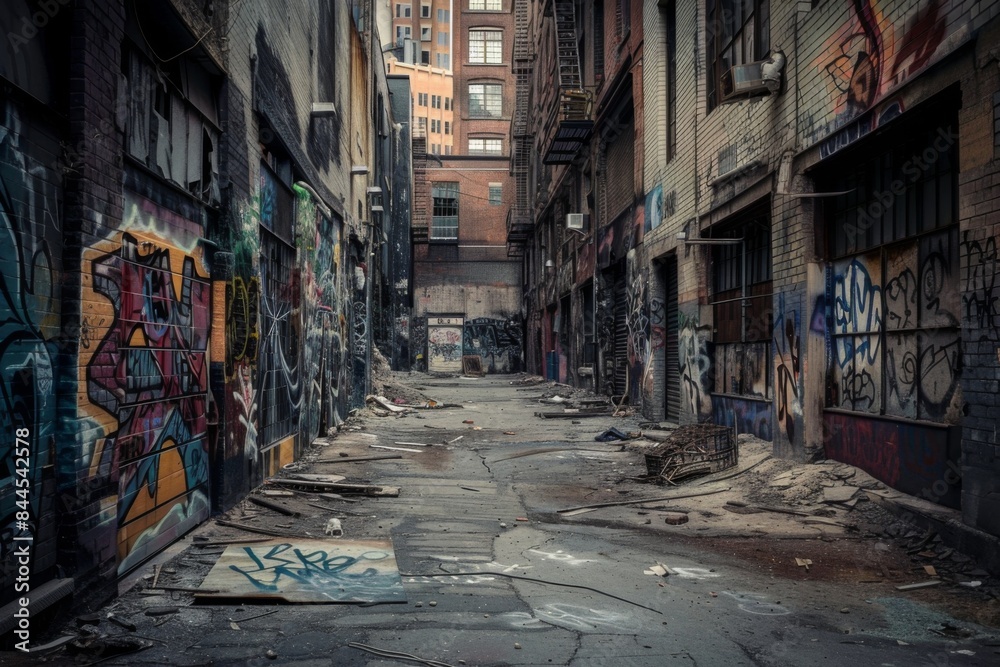Fototapeta premium A graffiti covered alleyway with a lot of trash and debris