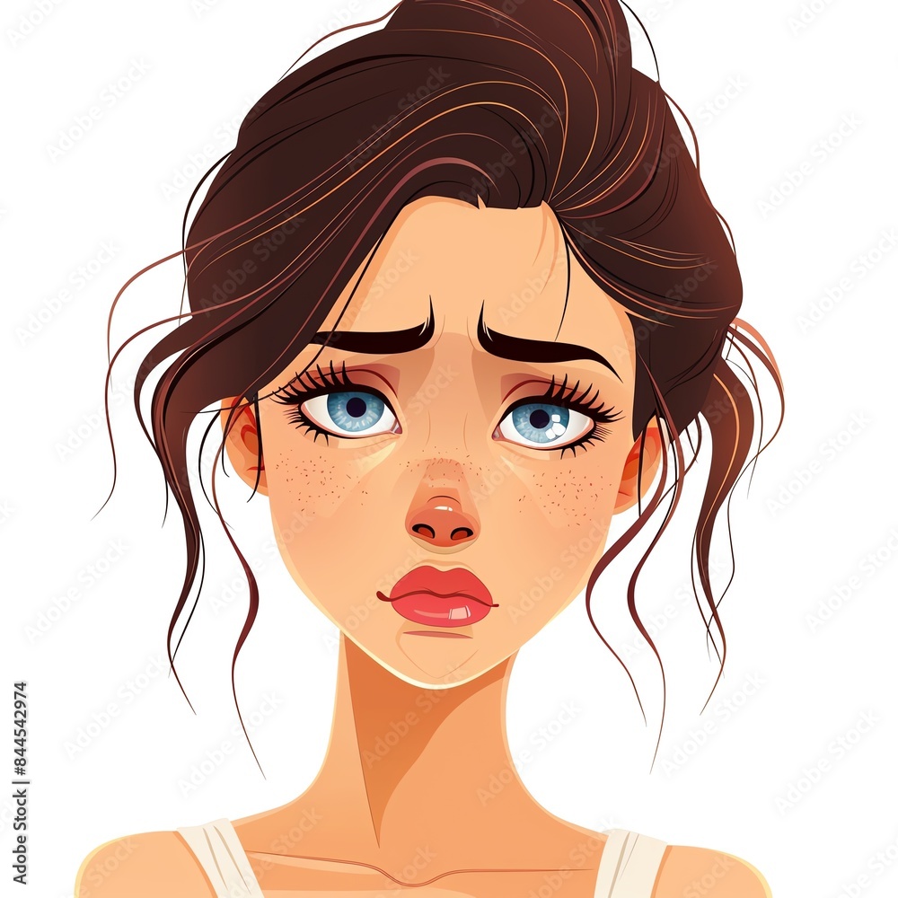 A digital illustration of a sad and worried girl with brown hair, blue eyes, and a freckled face on a white background. A digital illustration of a sad and worried girl with brown hair, blue eyes, and a freckled face on a white background.