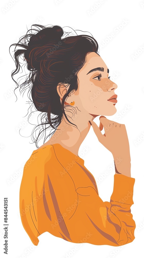 Vector illustration of a thoughtful woman in an orange shirt with a bun hairstyle, looking to the side on a white background. Vector illustration of a thoughtful woman in an orange shirt with a bun hairstyle, looking to the side on a white background.