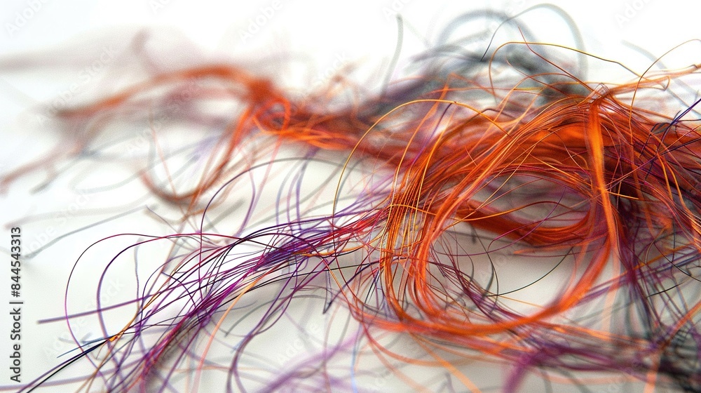   A stack of orange and purple hair resting on a white table alongside another heap of orange and purple hair