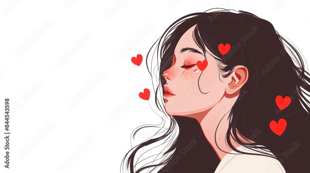 Illustration of a woman with black hair, eyes closed, surrounded by red hearts, conveying love and emotion on a white background. Illustration of a woman with black hair, eyes closed, surrounded by red hearts, conveying love and emotion on a white background.
