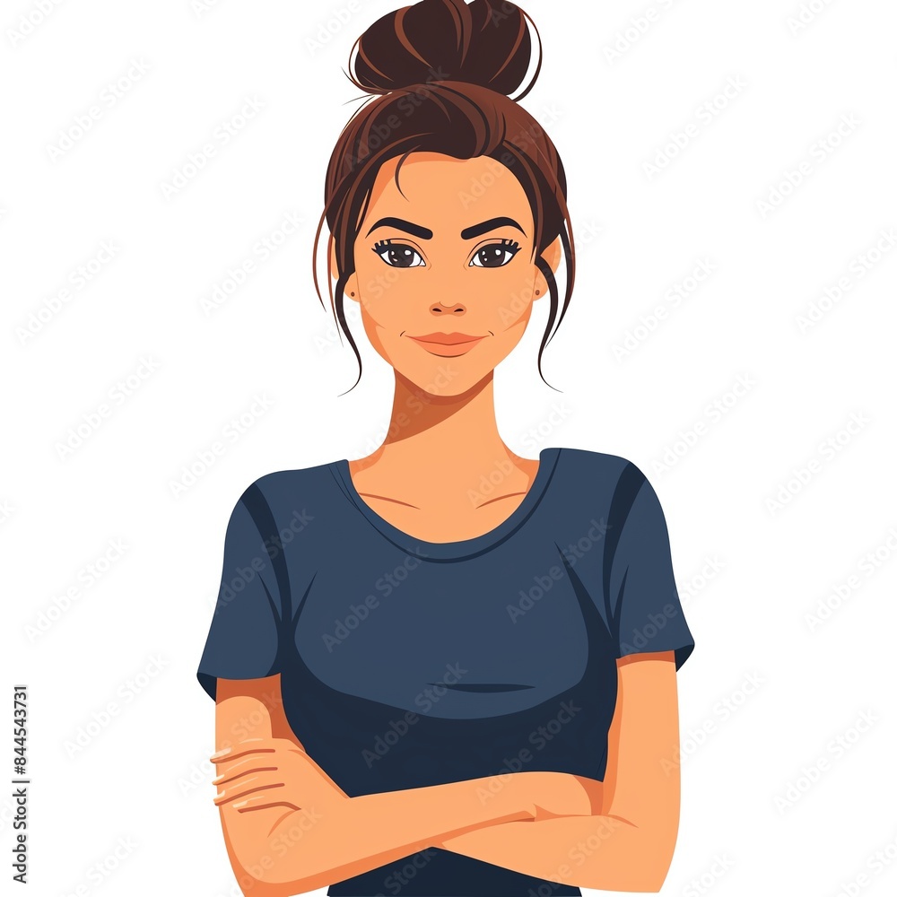 Illustration of a confident young woman with arms crossed wearing a navy blue t-shirt, isolated on white background. Illustration of a confident young woman with arms crossed wearing a navy blue t-shirt, isolated on white background.