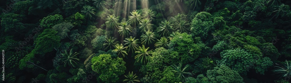 An aerial view of lush, dense rainforest canopy with rays of sunlight streaming through, highlighting the rich greenery and natural beauty. An aerial view of lush, dense rainforest canopy with rays of sunlight streaming through, highlighting the rich greenery and natural beauty.