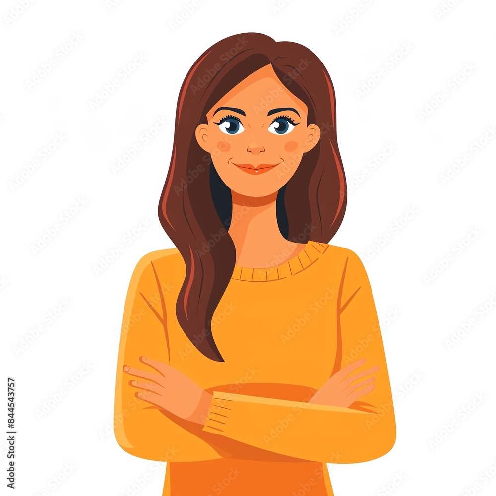 Illustration of a confident woman in a yellow sweater with crossed arms, posing against a white background. Vector art. Illustration of a confident woman in a yellow sweater with crossed arms, posing against a white background. Vector art.
