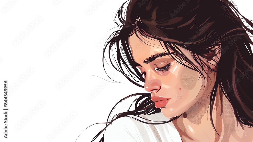 Naklejka premium Digital illustration of a woman with dark hair, looking down against a white background. Art showcasing emotion and contemplative expression.