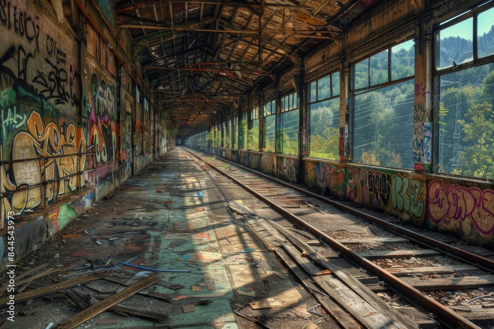 A train station with graffiti on the walls and a train track A train station with graffiti on the walls and a train track